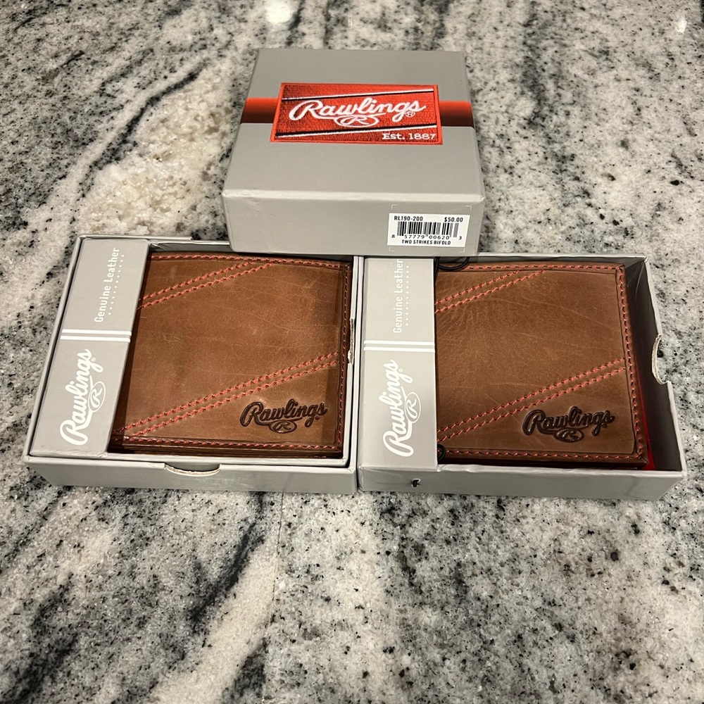 2 Rawlings Tan Leather Two Strikes Bifold Wallet